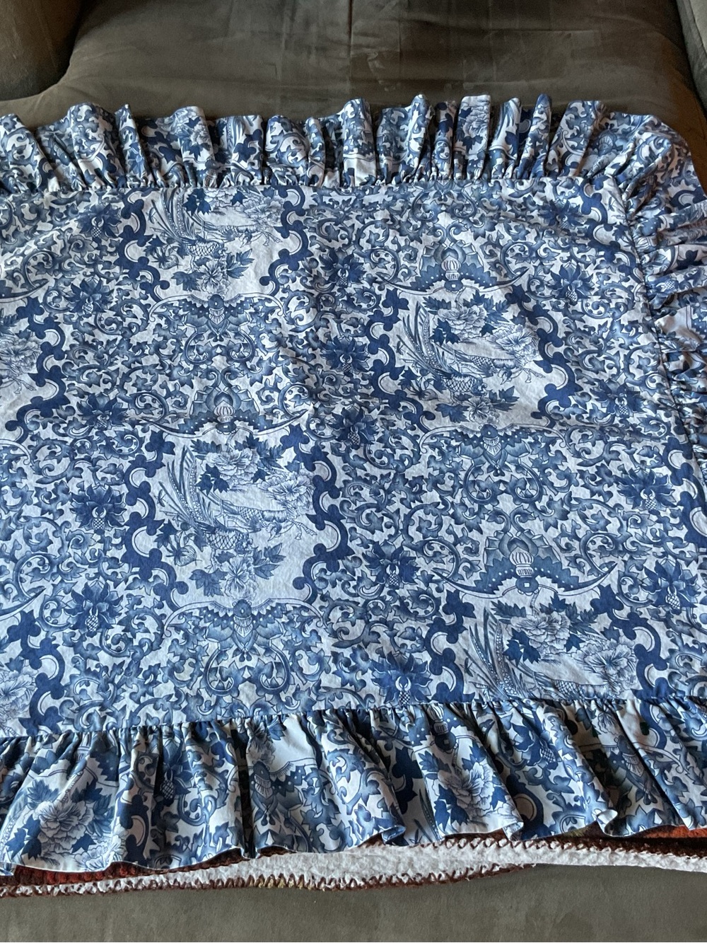 VTG Ralph Lauren Porcelain Blue Bird Tamarind Ruffled Std Pillow Sham- USA Made